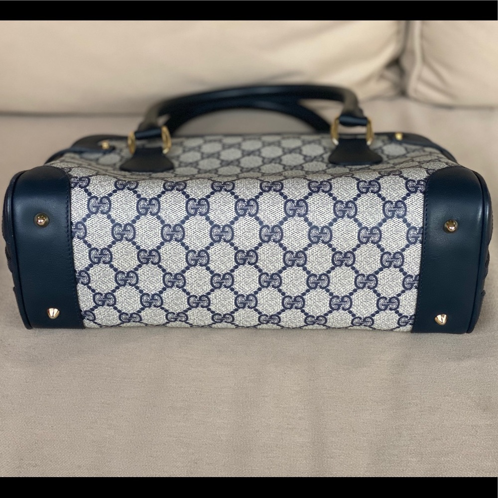 Vintage GUCCI Navy Blue Leather GG Satchel Tote - Picture 8 of 16